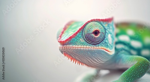 Colorful lizard close-up with intricate patterns and bright hues on a neutral...