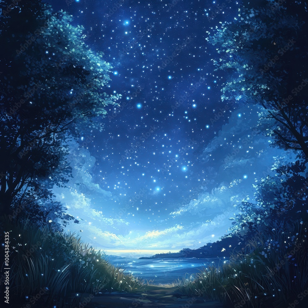 Night Sky with Trees and a Distant Waterway Night Sky with Trees and a Distant Waterway