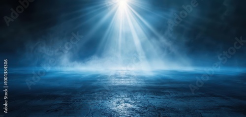 A serene blue atmosphere with dramatic light rays piercing through fog, creating an ethereal and calming environment.