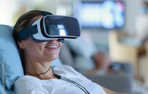 Woman Enjoying Virtual Reality Experience While Relaxing Indoors