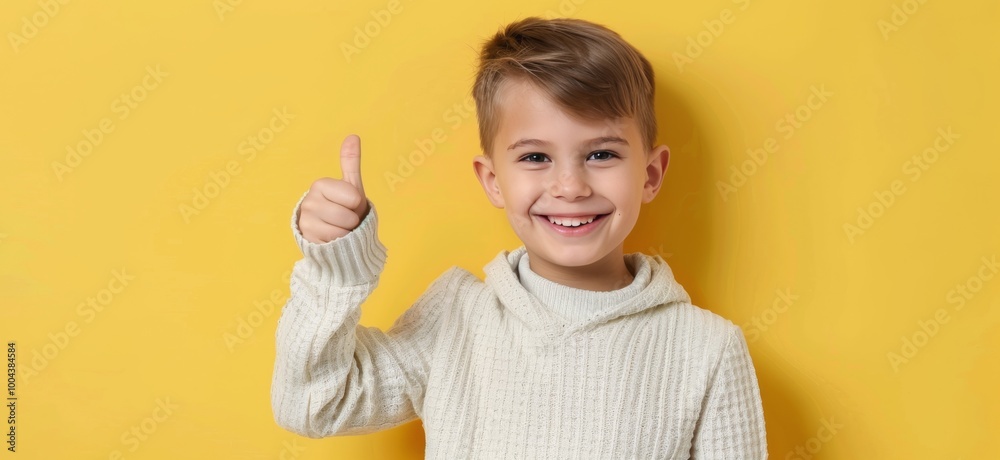 Happy Boy Giving Thumbs Up Against Bright Yellow Background Happy Boy Giving Thumbs Up Against Bright Yellow Background