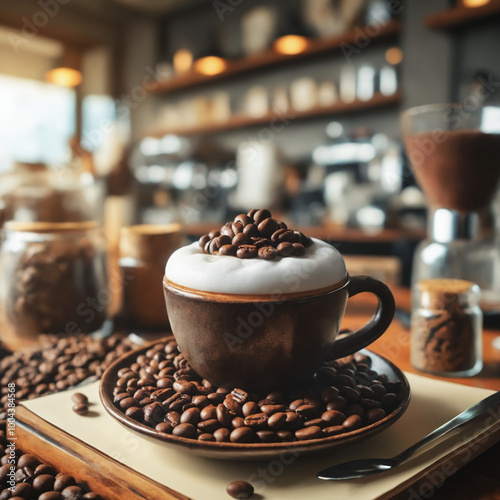 Cup of latte with milk foam among coffee beans in a coffee shop. Made with Generative AI