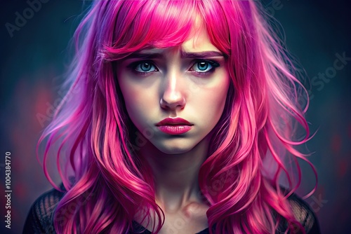 Young woman with pink hair frowning over pink background, expressing sadness and displeasure in style