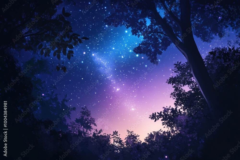 Night Sky View Through Trees with Starry Galaxy Night Sky View Through Trees with Starry Galaxy