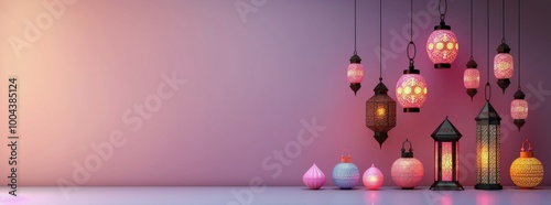 Pink Lanterns Hanging With Floral Decorations in a Serene Setting at Dusk