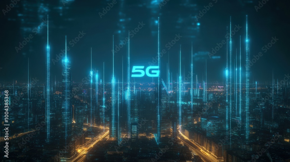 A vibrant city skyline at night is dominated by towering antennas, emitting bright light signals that represent the cutting-edge 5G technology transforming urban connectivity A vibrant city skyline at night is dominated by towering antennas, emitting bright light signals that represent the cutting-edge 5G technology transforming urban connectivity