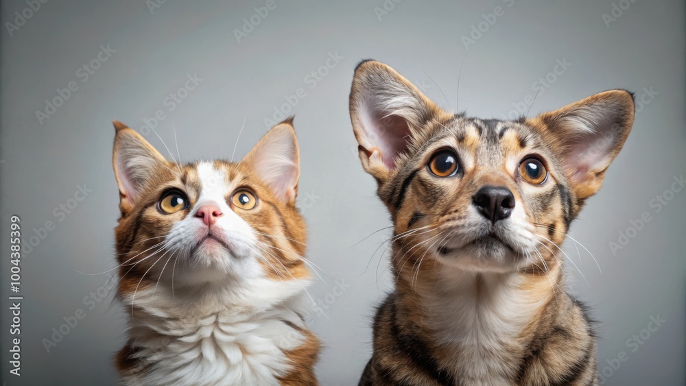 Fototapeta premium Cute dog and cat gazing up with curiosity in adorable pet portrait photo