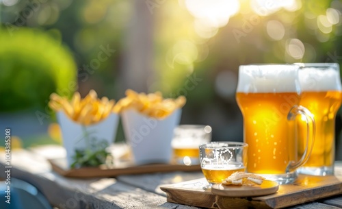 Sunny Outdoor Gathering With Beer and Fries at a Rustic Table