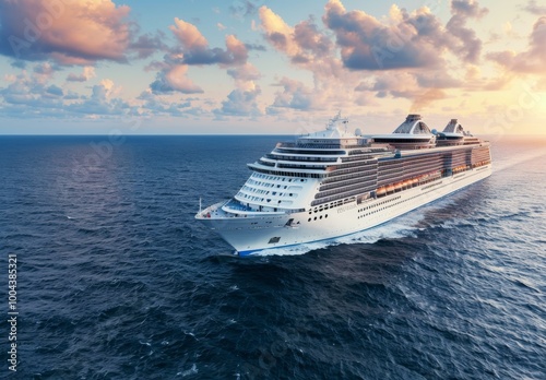 Luxury Cruise Ship Sailing Along Coastal Waters at Sunrise