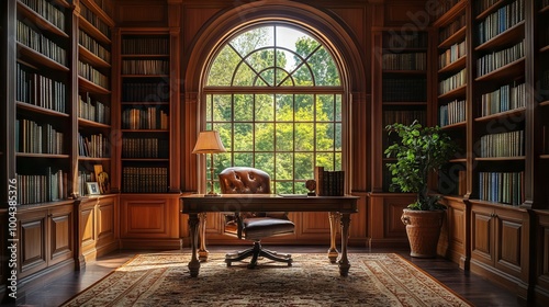 Elegant Home Library with Wooden Bookshelves, AI generated illustration