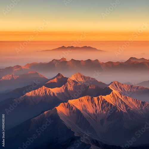 A breathtaking sunset in the mountains, with golden sunlight casting a warm glow over the peaks, reflecting on a serene lake below, surrounded by lush trees, creating a peaceful and tranquil atmospher photo