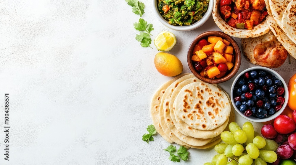 A nutritious meal for Indian children with roti, sabzi, and fruit, surrounded by copy space. A nutritious meal for Indian children with roti, sabzi, and fruit, surrounded by copy space.