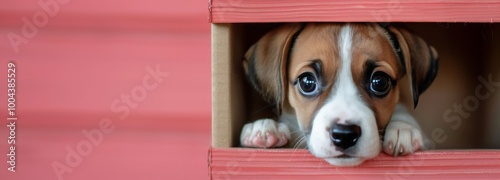 Adorable Puppy Peeking Out of a Cardboard Box Against a Red Background