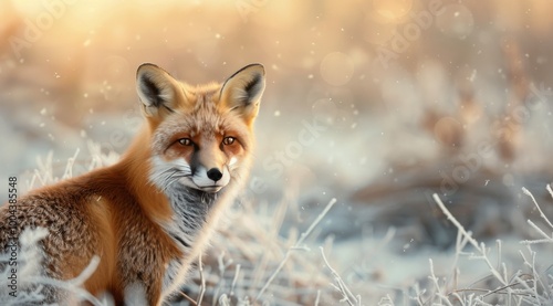 Red Fox in Frosty Winter Landscape During Golden Hour