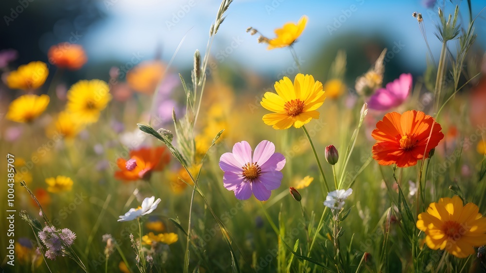 colorful wildflowers in a meadow with a soft breeze slightly moving the petals, creating a serene and lively atmosphere colorful wildflowers in a meadow with a soft breeze slightly moving the petals, creating a serene and lively atmosphere