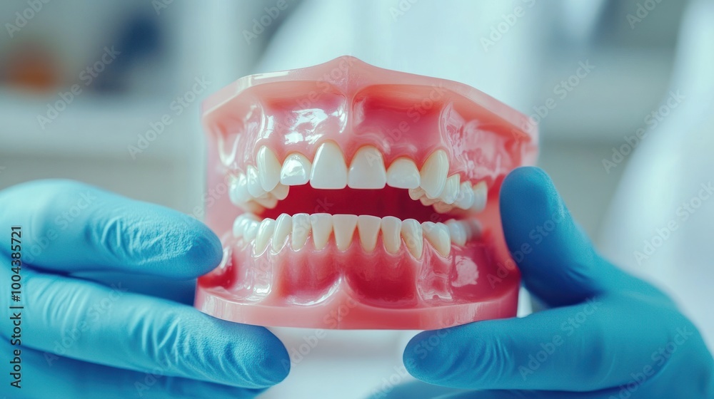 A dental model showcasing upper and lower teeth held by a person in gloves. A dental model showcasing upper and lower teeth held by a person in gloves.