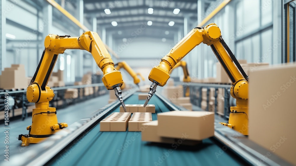 Automated robotic arms sorting boxes on a conveyor belt in a modern warehouse during daytime operations Automated robotic arms sorting boxes on a conveyor belt in a modern warehouse during daytime operations