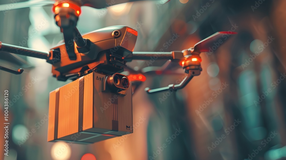 Drone Delivery in Urban Environment at Dusk Drone Delivery in Urban Environment at Dusk