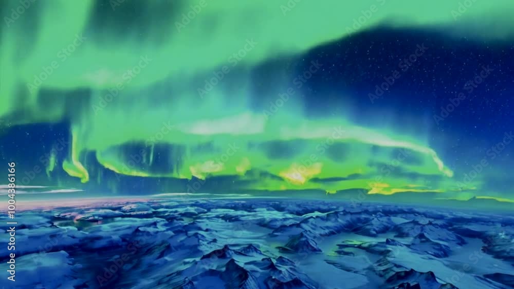 Stunning view of the aurora borealis over snow-covered mountains and a serene landscape. Stunning view of the aurora borealis over snow-covered mountains and a serene landscape.