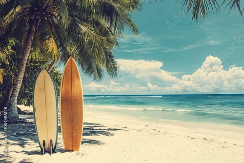 Vintage Surfboards on a Tropical Island Beach, AI generated illustration