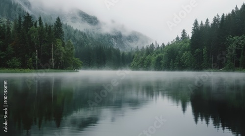 Misty Reflections on a Calm Lake Surrounded by Dense Forest in Early Morning