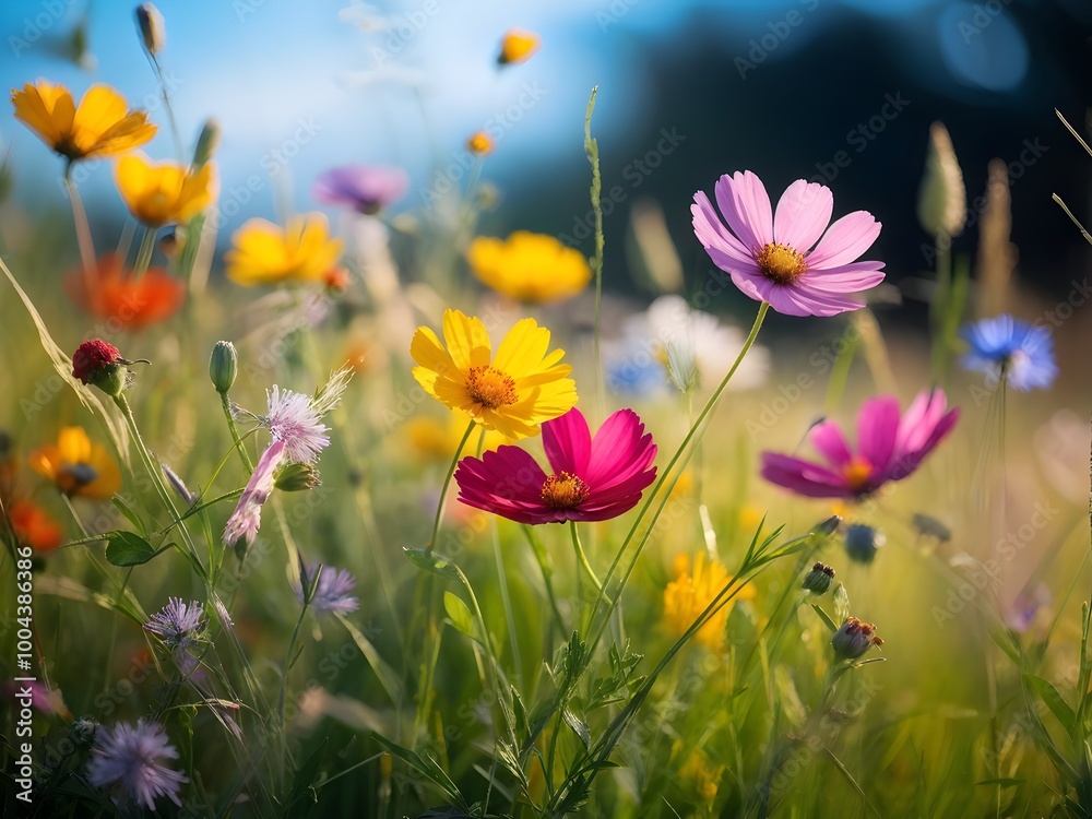 colorful wildflowers in a meadow with a soft breeze slightly moving the petals, creating a serene and lively atmosphere