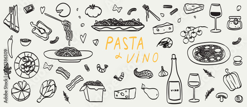 Minimalist hand drawn pasta spaghetti and wine vector illustration collection. Art for greeting cards, wedding invitations, poster design, postcards, branding, logo. Mediterranean or Italian food set. photo