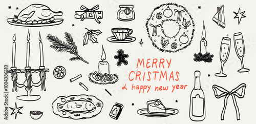 Christmas dinner table in retro vintage style. New year decor candles, food, wine or champagne doodle set. Line art contemporary minimalist print style hand drawn ink holiday menu elements collection.