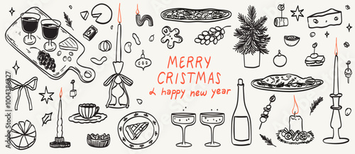 Retro vintage new year sketch set. Doodle line art contemporary minimalist prints. Christmas dinner table decor pine tree, food, wine or champagne. Hand drawn ink holiday menu elements collection.