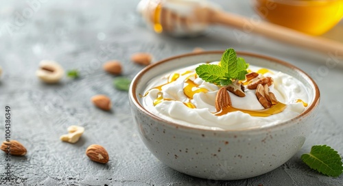 Creamy Yogurt Bowls With Honey and Walnuts on Light Background