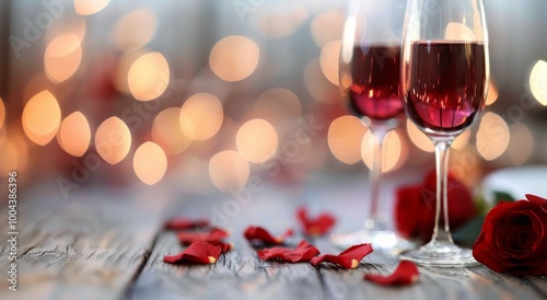 Romantic Evening With Red Wine and Rose Petals at Night