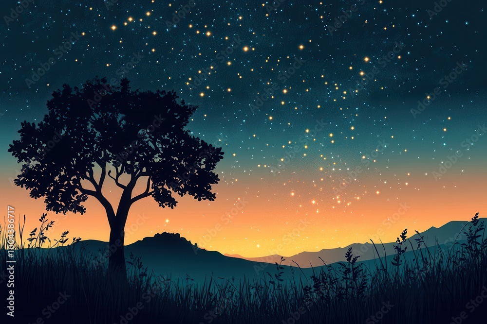 Naklejka premium Silhouette of a Tree Against a Starry Night Sky Over a Mountain Range