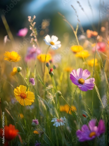 colorful wildflowers in a meadow with a soft breeze slightly moving the petals, creating a serene and lively atmosphere