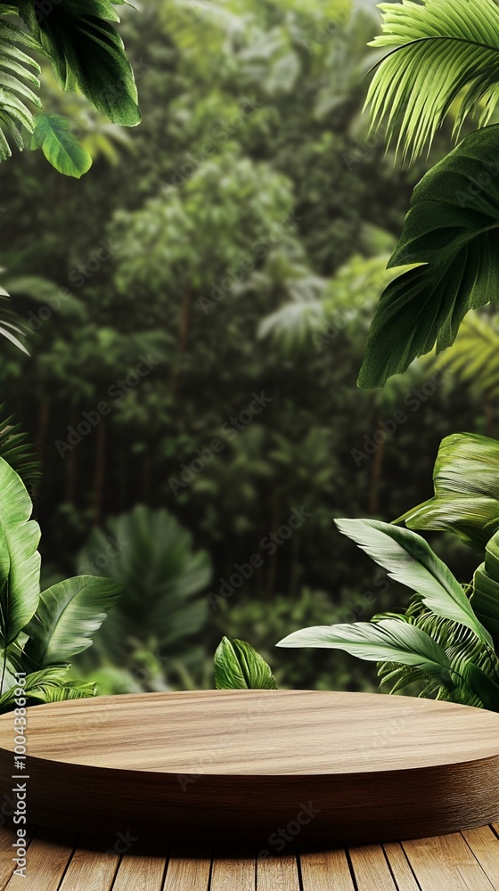 Wooden circular platform on deck overlooking lush tropical jungle, framed by vibrant green leaves, perfect for product display or nature-inspired design. Wooden circular platform on deck overlooking lush tropical jungle, framed by vibrant green leaves, perfect for product display or nature-inspired design.