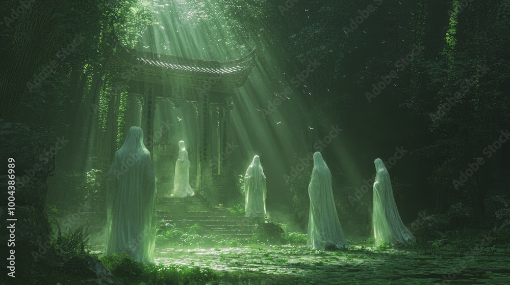Enigmatic Ancient Chinese Dark Mythology Ritual in Moonlit Forest Glade Enigmatic Ancient Chinese Dark Mythology Ritual in Moonlit Forest Glade