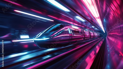 A high-speed train races through a brilliantly illuminated tunnel filled with neon lights, creating a dynamic and futuristic atmosphere at night