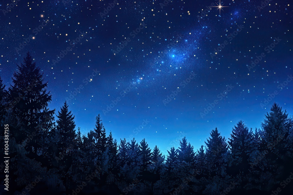 Naklejka premium Silhouetted Pine Trees Under a Starry Night Sky