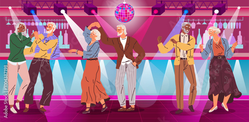 Old people dance at disco party. Grandmother and grandfather entertainment. Happy elderly couple man and woman holding hands demonstrate dance movement on discotheque. Retirement activities concept