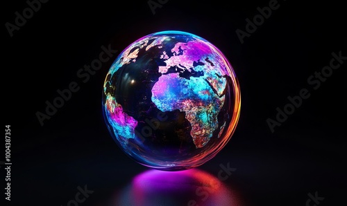 Neon-glowing Earth in a glass sphere, holographic effect. AI generated illustration