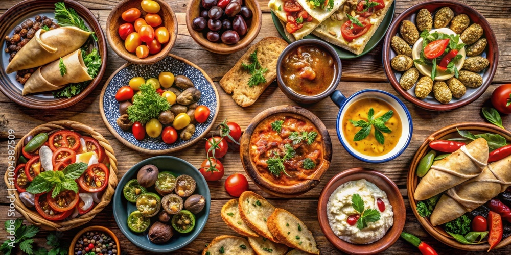 Traditional Mediterranean cuisine with various dishes and breads beautifully arranged on table