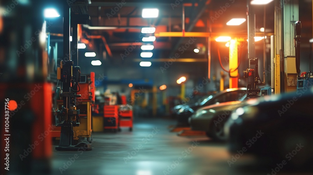 Dimly lit underground parking garage with rows of parked cars, illuminated by warm overhead lights creating a moody, urban atmosphere at night.