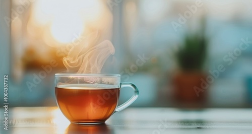 Steaming Cup Of Tea With Sunset Background At Home