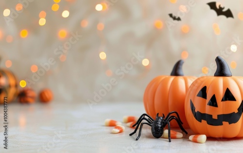 Festive Halloween Decorations With Pumpkins and Candy Corn on a Table