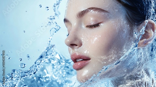 Refreshing splash of crystal-clear water cascades over a serene face, eyes closed in blissful moment, capturing essence of purity and rejuvenation.