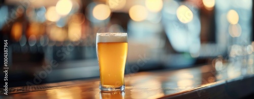 Golden Beer Glass on Wooden Bar Counter in Cozy Pub During Evening
