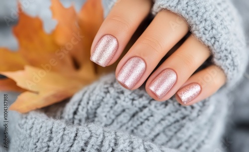 Elegant autumn manicure with glitter polish and cozy sweater among fallen leaves