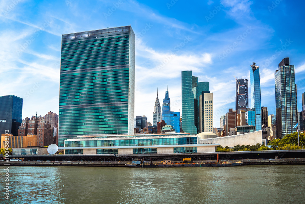 United Nations building complex on East river in New York city view