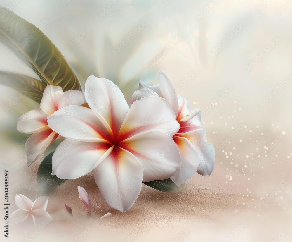 Naklejka premium Delicate White Flowers With Orange Highlights on Soft Abstract Background