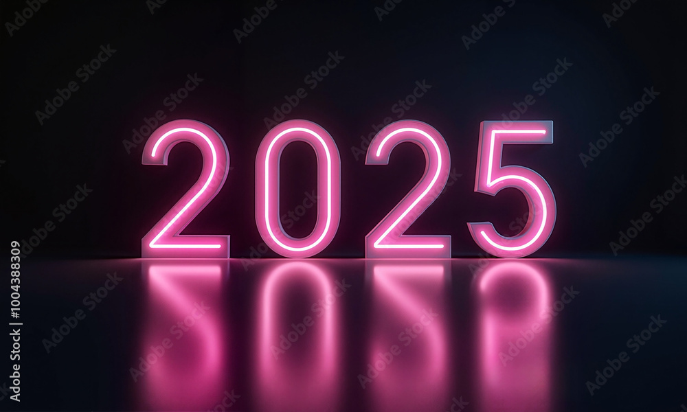 Glowing neon 2025 numbers in pink against a dark background with reflections Glowing neon 2025 numbers in pink against a dark background with reflections