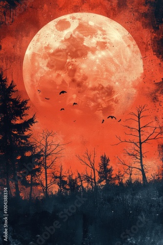 Eerie landscape at night with a full moon and flying bats in darkened woods
